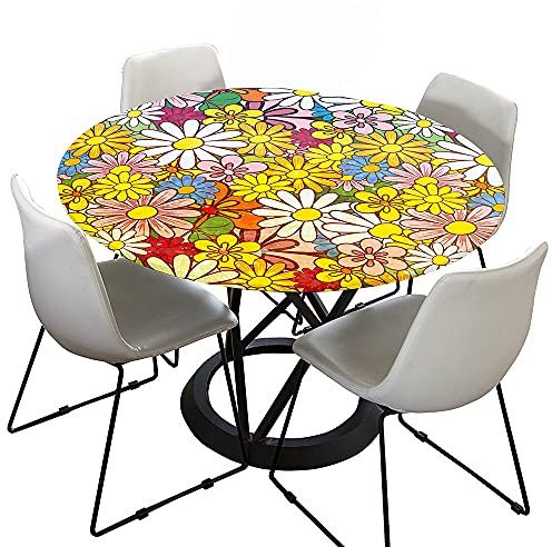 Tischdecke Abwaschbar Rund 120cm, Elastisch Lotuseffekt Tischdecke Outdoor 3D-Druck Tischdecken Daisy Table Cloth für Garten Restaurant, Ideal für 100cm-110cm