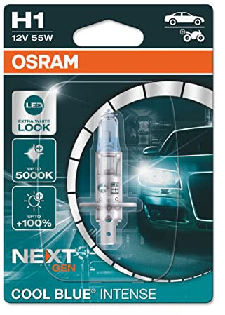 OSRAM COOL BLUE INTENSE H1, +100% mehr Helligkeit, bis zu 5.000K, Halogen-Scheinwerferlampe, LED-Look, Einzelblister (1 Lampe)
