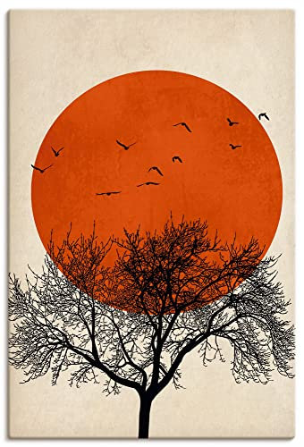 ARTLAND Wanddeko Leinwand Bilder Wandbild 40x60 cm Minimalismus Mond Baum Silhouette Vögel U3VT