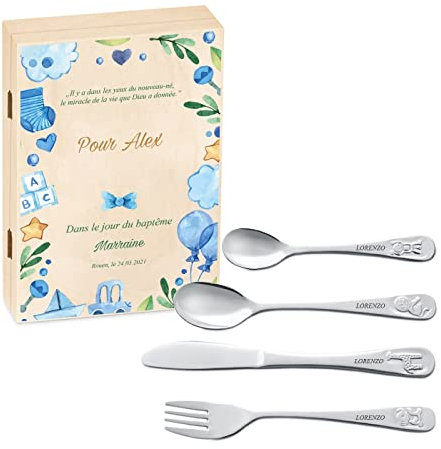 Maverton Set de couverts enfant - cadeau personnalisé pour garçon - Coutellerie dans coffret imprimé - Couverts Thème Animal - Cadeau bapteme garcon - Cadeaux bébé - Couvert bebe - ALPHABET
