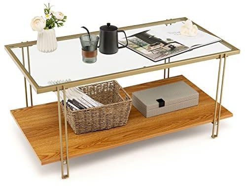COSTWAY Coffee Table, 2-Tier Rectangular Cocktail Tea Center Table with Tempered Glass Top & Wooden Storage Shelf, Modern Metal Frame Accent Sofa End Side Tables for Living Room, Bedroom and Office