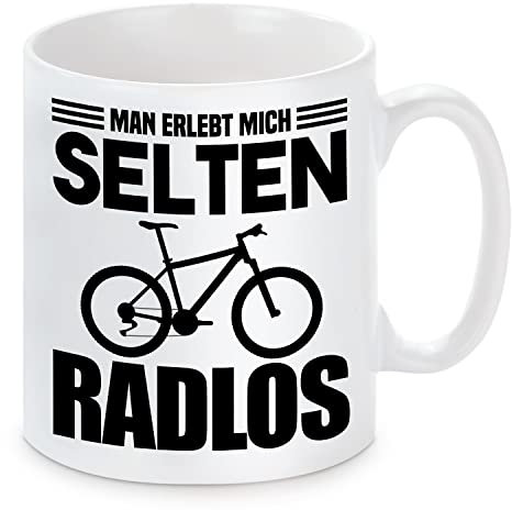witzige Tasse mit Motiv - selten Radlos/optional personalisierbar mit Wunschtext auf der Rückseite (Motiv)