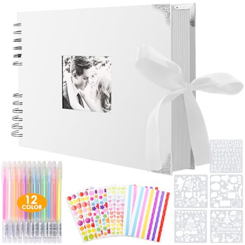 Album Fotografico Personalizzabile per Scrapbooking a Spirale, 80 Pagine Nere, Album Foto Fai da Te, 2 Angoli per Foto, 6 Adesivi, 5 Stencil, 12 Pennarelli Colorati, per Anniversario di Matrimonio