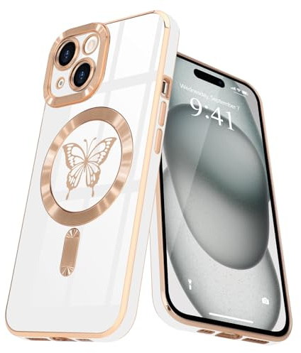 Lafunda für iPhone 15 Hülle Glitzer Schmetterling Antik-weiß | Kompatibel mit MagSafe Magnetisch Handyhülle Kamera-Vorsprung Vergoldung Glitzer Mädchen Stoßfest Schutzhülle