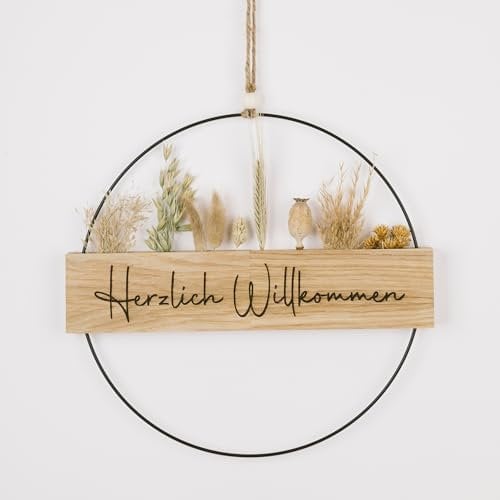 Trockenblumenkranz - Türkranz Herzlich Willkommen - Türkranz Trockenblumen - Türkranz personalisiert - Willkommensschild - (Trockenblumen Naturtöne)