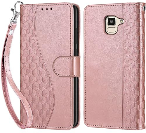 Custodia per Samsung Galaxy J6 2018 Cover, Oro rosa | Portafoglio in Pelle PU Retro, Antiurto Flip, Slot per Schede, Funzione Stand, Chiusura Magnetica