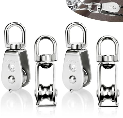 SWTYExt 4 Stück Umlenkrolle Klein 15mm Seilrolle Umlenkrolle M15 Umlenkrollen für Seile Tragkraft 35Kg Edelstahl 304 Seilrolle Fitness mit Kugellager für Seile Bis 6mm Durchmesser