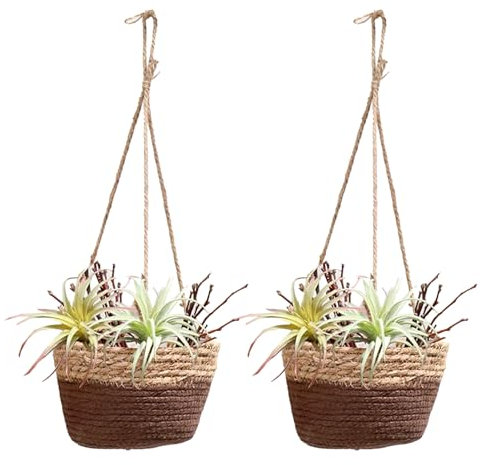 BestAlice 2 Stück Hängekörbe für Pflanzen, Hängepflanzgefäß, 19,8 cm, Rattan-Blumenkorb, Töpfe, Halter, Aufhänger, Becken, Epipremnum Aureum, Topf, Hanfseil, Wand, Stroh, Dekorativer(#3)