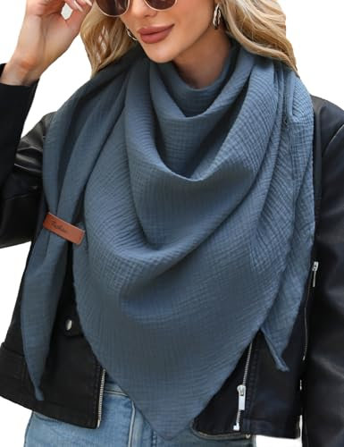 UMIPUBO Schal Damen Baumwolle Musselin Halstuch Dreiecksschal Dreieckstuch Herbst Unifarben Schal Halten Sie Warm Musselintuch Bequem Groß Elegant Leicht Scarf Damen Stola 190x80cm, Blau