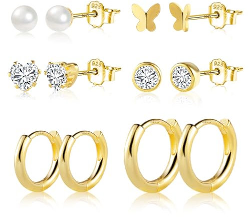 Gold Ohrringe Set für Damen, 6 Paare Kleine Ohrringe Ohrstecker Set Hypoallergen Herz Perle CZ Kleine Glitzer Ohrstecker Kleine Huggie Creolen Ohrringe Set Damen Mädchen für Mehrere Piercings