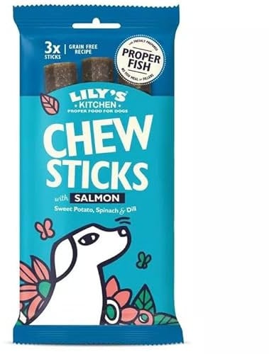 Lilys Kitchen Dog Treats, Chew Sticks, Grain Free Natural, Dental Dog Treats, Pack of 3 x 120g (Total of 9 Chews) (3, Salmon)