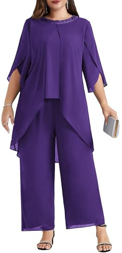 Hanna Nikole Tenue de Mère de la Mariée en Mousseline de Soie - Élégante Robe à Paillettes pour Invités de Mariage, Festival - Col Rond, Taille Haute, Ensemble Formel - Violet, 54/Grande