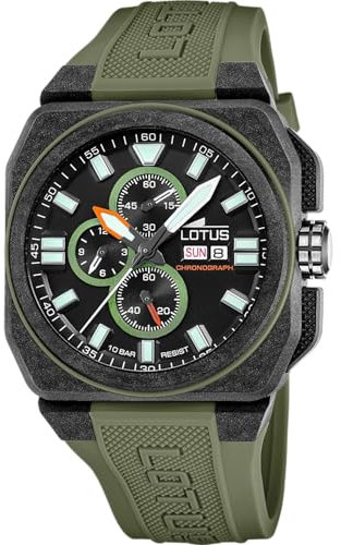 Lotus Uhr Für Herren 18976/1 Chrono Schwarz Kohlefaser Case GrünSilikon Band