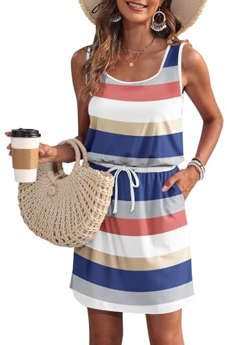 WNEEDU Sommerkleid Damen Ärmellose Strandkleid Damen U-Ausschnitt KordelzugKleid Luftiges Kleid Damen Sommer mit Taschen Blaue Weiße Streifen 2XL