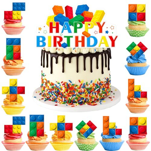 Kaxulvoblig Blockparty Baustein Kuchen Deko, 25pcs Geburtstagskuchen Deko Bausteine Baustein Motiv Kuchendeko für Kinder Baustein Geburtstag Deko