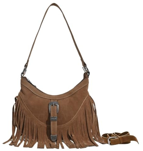 Sunwel Fashion Damen Western Kleine Fransen Unterarm-Geldbörse Hipppie Umhängetasche mit Quaste, Braun