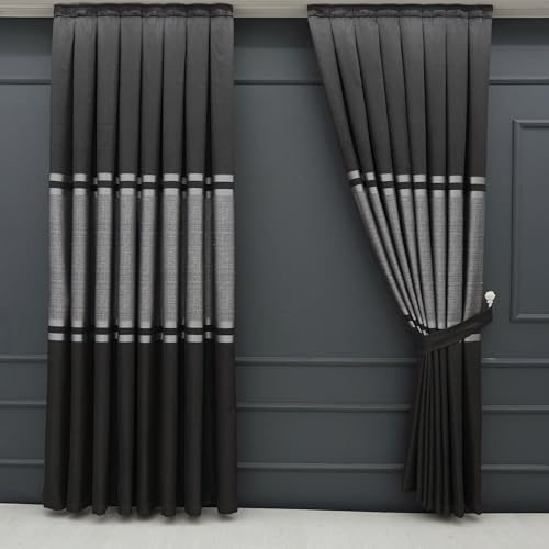Gardinen by Justyna Verdunkelung Vorhang Set – 2er Fon Seiten Schal – Schwarz Grau – Kräuselband – 90x250 cm (je Schal)