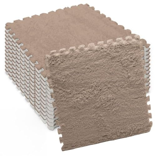 Ineinandergreifende Plüsch-Schaumstoffmatte, 12 Stück Wohnzimmer-Schlafzimmer-Teppichfliesen, 30cm*30cm*1cm Zusammensteckbare Schaumstoff-Bodenfliesen für Wohnzimmer, Schlafzimmer (Hellbraun)