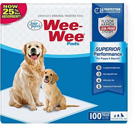 Four Paws Wee-Wee Superior Performance Pee Pads for Dogs - Dog & Puppy Pads for Potty Training - Dog Housebreaking & Puppy Supplies - 22 x 23 (100 Count),White