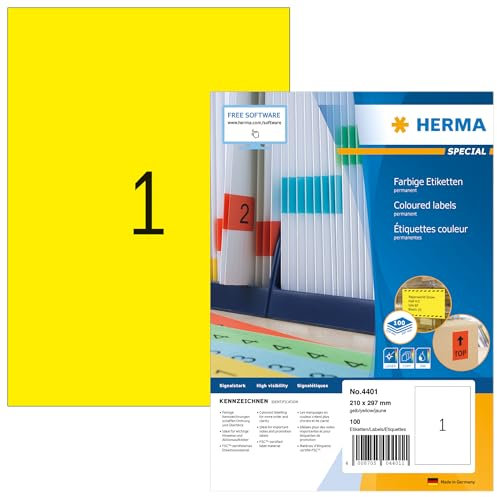 HERMA 4401 Farbige Etiketten gelb, 100 Blatt, 210 x 297 mm, 1 pro A4 Bogen, 100 Stück, selbstklebend, bedruckbar, matt, blanko Papier Farbetiketten Aufkleber