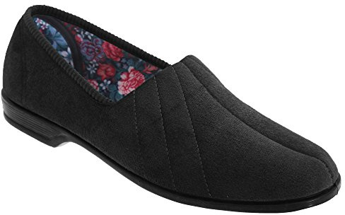 Sleepers Audrey III Roll Top Slippers - Velour Textile - Black, 3 UK
