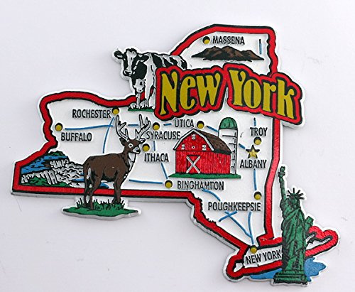 Magnet, Motiv: Karte des Bundesstaates New York mit Sehenswürdigkeiten, Collage, Sammlerstück
