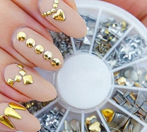 Gemini_mall® Professional Manicure 3D Nail Art Decorations Wheel With Gold And Silver Metal Studs In 6 Different Shapes