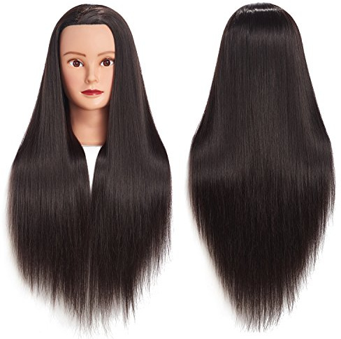 26-28 Mannequin Head Hair Styling Training Head Manikin Cosmetology Doll Head Synthetic Fiber Hair Hairdressing training model with free clamp (Black)