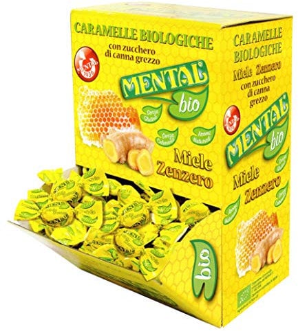 Mental Zenzero Miele 750gr Caramelle Biologiche Senza Glutine e Senza Coloranti. Solo Aromi Naturali. Caramelle Incartate singolarmente. Box da 750gr