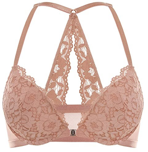 DOBREVA Women's Push Up Bra Support Racer Back Front Fastening Lace Padded Plunge Underwired Bra Cream Coffee 34D