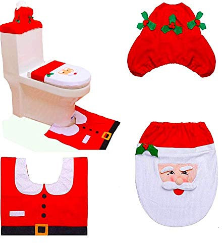 SHATCHI Christmas Santa Toilet Seat Cover and Mat Bathroom Set Festive Xmas Home Decor Party Accessories 3pcs, Red, One Size
