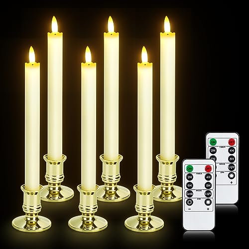 YMing 6 Pack Flameless Taper Candles with Candlesticks, 2 10-Key Remotes Timer LED Fake Candles Battery Operated Pillar Candles Real Wax for Halloween Decoration, Wedding, Table, Home, Christmas Decor