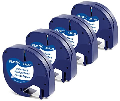 4x Kompatibel mit Dymo Etikettenband Letratag 12mm x 4m, Schwarz auf Weiß, 91201 S0721610, Kompatible mit Dymo Letratag Kunststoff Bänder für LT-100H LT-100T XR XM 2000 Plus 200B