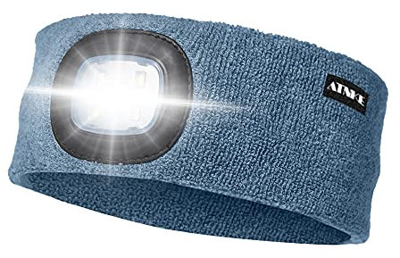 ATNKE LED Beleuchtetes Stirnband, Wiederaufladbare USB Lauf Stirnbänder mit Licht Extrem Heller 4 LED Lampe Winter Warme Stirnlampe für Herren und Damen Geschenke/Shadow Blue