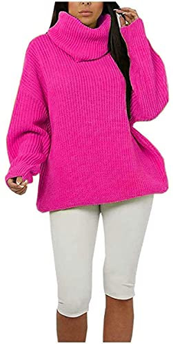 TrendyFashion Maglione da donna con collo a polo, fluorescente, da donna, grosso, lavorato a maglia, da indossare a collo alto, 8-14, Rosa fluo, 40-42