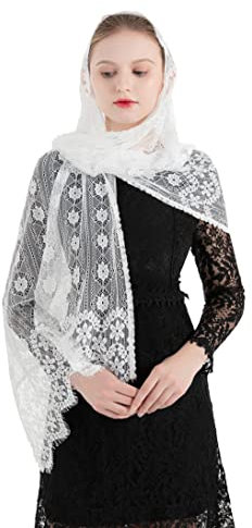 PAMOR Frauen Kapelle Schleier rechteckig Mantilla Wrap Schal Kopfbedeckung katholische Schleier für Kirche, Weiss/opulenter Garten, Einheitsgröße