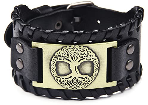 Bracelet en Cuir Viking Bracelet Fait Main Punk Réglable à Manchette Nordique Vintage Bracelet Arbre de Vie pour Homme Femme (B)