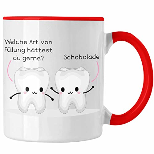 Trendation - Zahnarzt Zahnmedizinische Fachangestellte Tasse Geschenk Lustig Praxis Geschenkidee Zahnarzthelferin Zahntechniker Zahnärztin Lustiger Spruch (Rot)