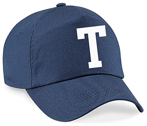 4sold Lässige 100% Baumwolle Atmungsaktiv Alphabet A-Z Marineblau Caps Weiß Brief Hut Hüte Unisex Jungen Mädchen Cap Baseball Kinder Mütze Kappe Buchstabe (T)
