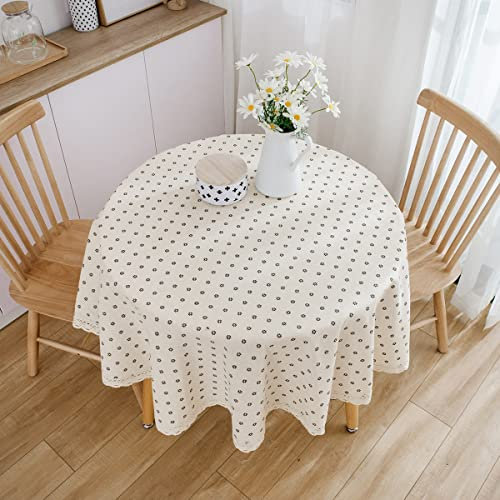 BULANGDE Tischdecke Rund Baumwolle und Leinen mit Blumendruck 150cm, Tischtücher Runde Abwaschbare Staubdicht Tablecloth Round, Tischdecken für Esstisch Wohnzimmer Picknick(Beige)