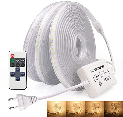 Wisada 220V Tiras LED con regulador de intensidad,SMD 2835 120LEDs/m, IP67 Impermeable, Escalera de Techo Tira de LED Cocina Cable Luces Flexible LED Strip Light Decoración (10m, Blanco cálido)
