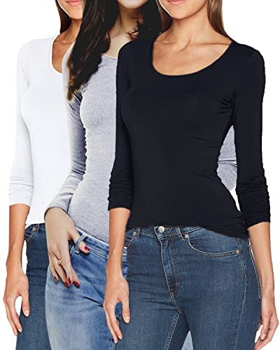 ONLY Damen Langarmshirt Figurbetont und Tailliert aus Baumwolle, Rundhalsausschnitt (3er Love Mix 2 - L) (Black, White, Grey)