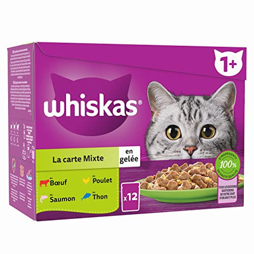 WHISKAS Pâtée pour en Gelée - 48 Sachets Fraîcheur (Lot de 4 Packs 12x85g) - La Carte Mixte (4 variétés) - Nourriture Humide Complète Adaptée aux Chats Adulte Stérilisés (L'emballage Peut Varier)