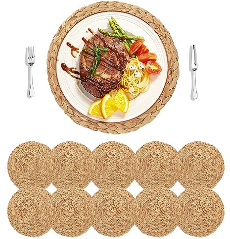 HomeDo 10 Pezzi Set di tovagliette rotonde in giacinto d'acqua intrecciato, resistenti al calore e antiscivolo in tessuto, realizzate a mano (giacinto d'acqua-30 cm,10 Pezzi)