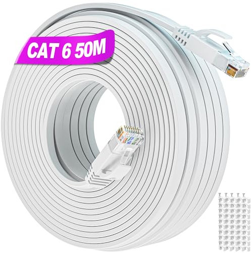 Soibke Cable Ethernet 50 Metros, Exterior Cable de Red Cat 6 Largo 50m Cable LAN Plano, Interior Cable RJ45 Alta Velocidad Cable Internet 1000Mbps 250Mhz Gigabit Cable Wlan Blanco para Rúter Módem