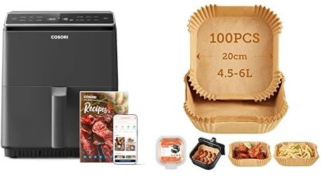 COSORI Friggitrice ad Aria Smart 6,4L+COSORI Carta Forno Per Friggitrice ad Aria 4.5-6L 100 Pezzi