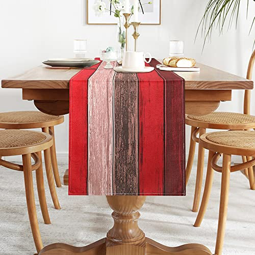 Tischläufer Outdoor Wetterfest 40x140cm Tischläufer Modern Tischläufer Rot Braun Hölzern Streifen Bauernhaus Tischdecke Rustikale Tischdeko für Drinnen und Draußen Urlaub Party Restaurant Dekoration