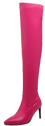Onewus Stivali sopra il ginocchio da donna con tacchi a spillo sexy e pizzo temperamatite, Fucsia 1, 36 EU