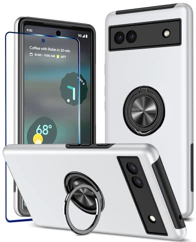 KRAFTCARE for Google Pixel 6a Case with Kickstand Ring and Screen Protector, Shockproof and Anti Scratch 360° Magnetic Ring Holder Stand Phone Cover for Google Pixel 6a - Sliver