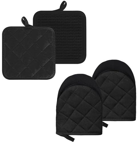 Oven Mitts and Pot Holders Set, Pack of 4, Heat Resistant Silicone Kitchen Mini Oven Mittens for 500 Degrees, Mini Oven Gloves and Hot Pads for Baking Grilling Barbecue Microwave Machine Washable